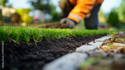 Installing new lawn.empty table with blurred background