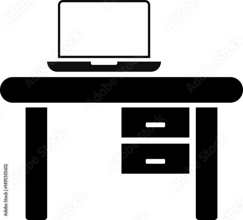 work table icon with laptop. monitor screen at table. employee desk. Office employee at the workplace. Includes working