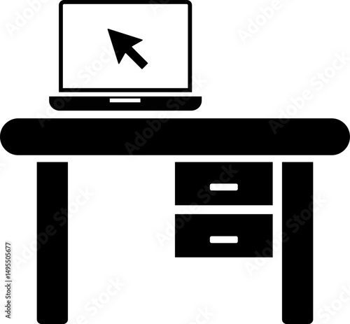 work table icon with laptop. monitor screen at table. employee desk. Office employee at the workplace. Includes working