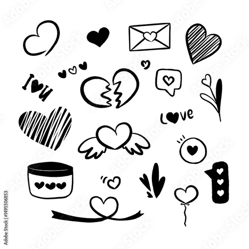 hand drawn heart icons, love icon, set of loves