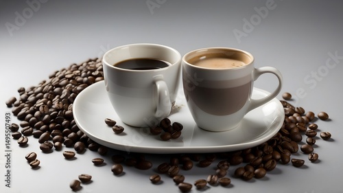 Two Cups of Coffee Black Coffee and Latte, Surrounded by Roasted Beans