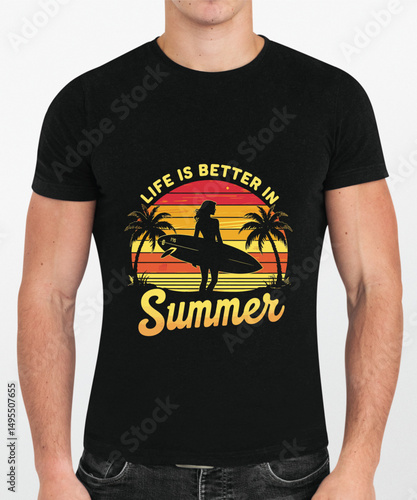 Mens Black TShirt Summer Surf Design Retro Sunset