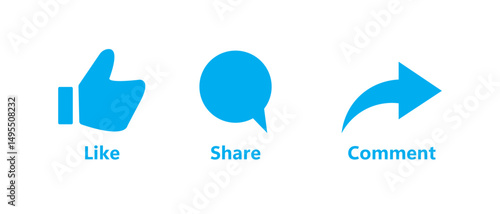 Like Share comment and icon buttons isolated on transparent background. Like button, thumb up, love and heart, comment, repost and share icon button. Vector flat and line collection