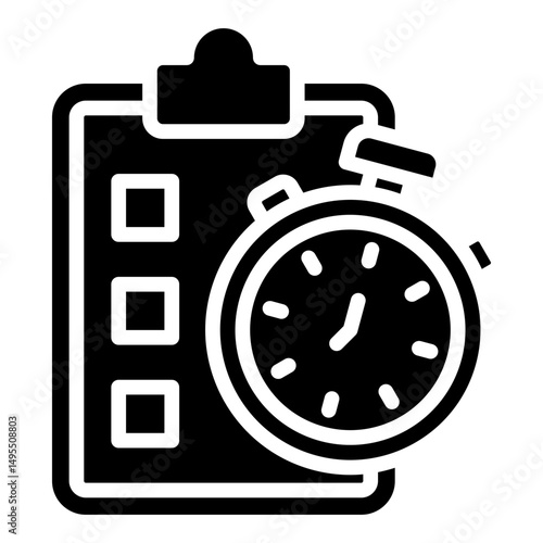 Task Timer - Glyph Black Fill Icon Silhouette - checklist clipboard with a stopwatch, representing task planning and time management