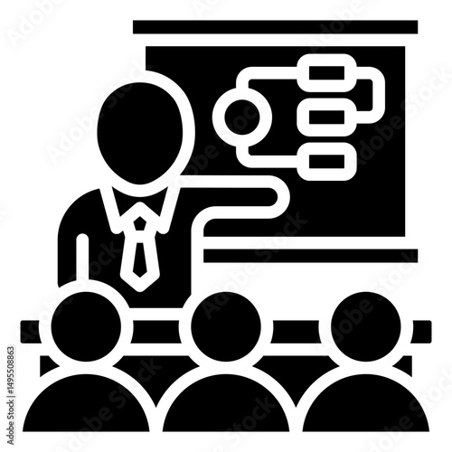 Team Presentation - Glyph Black Fill Icon Silhouette - team attending a presentation with diagram, representing group planning and communication