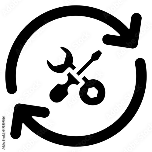 Agile Tool - Glyph Black Fill Icon Silhouette - Circular arrows with wrench and gear, showing iterative tools and agile planning workflow