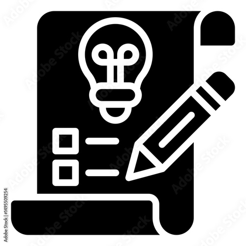 Idea Draft - Glyph Black Fill Icon Silhouette - lightbulb and pencil on a paper, representing creative planning, brainstorming, and project drafting
