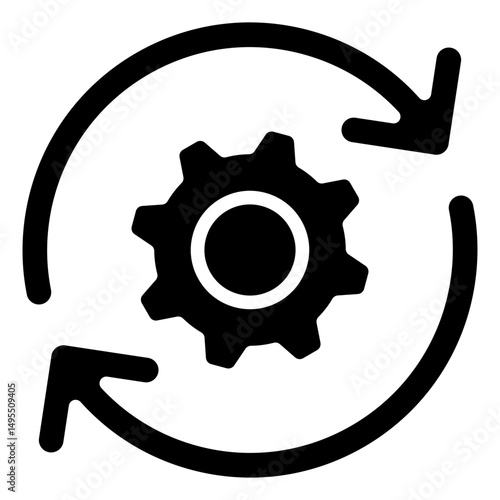 Process Plan - Glyph Black Fill Icon Silhouette - rotating gear arrows, symbolizing continuous planning, optimization, or iterative workflow