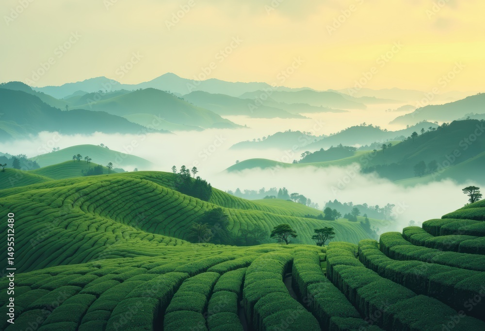 Lush green tea plantations under a misty sunrise in the mountains Lush green tea plantations under a misty sunrise in the mountains