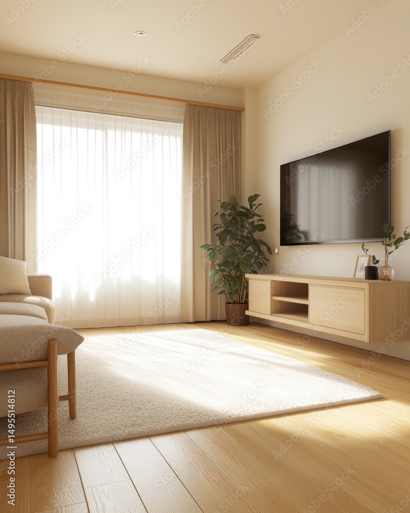 Fototapeta premium A sunlit, neutral-toned living room interior design.