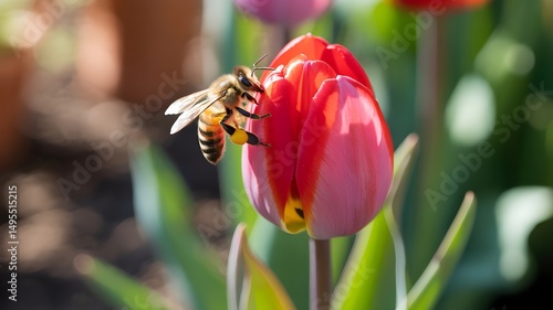 A bee pollinating a vibrant red tulip in a garden