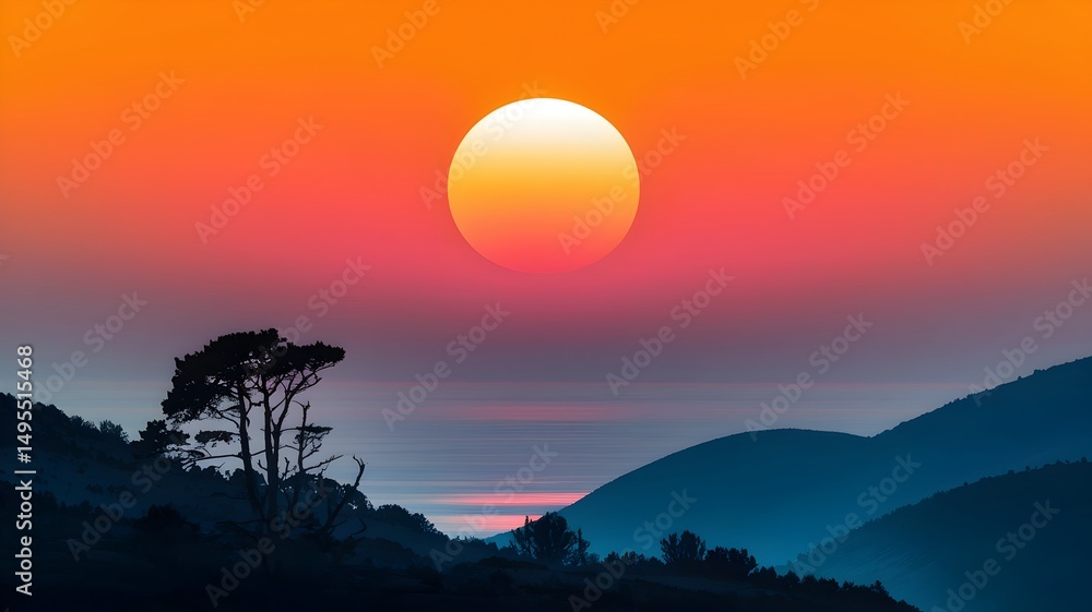 Fototapeta premium Sunset landscape with silhouettes of trees and mountains against the sky, evoking a sense of tranquility and natural beauty