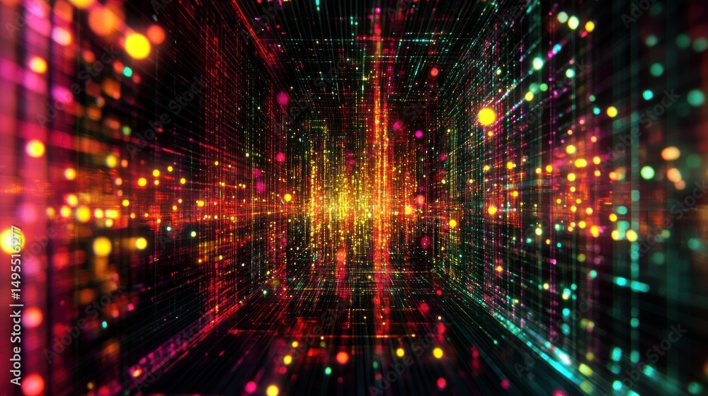 Obraz premium Abstract digital space with glowing particles and lines.