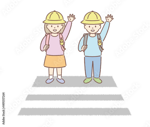横断歩道で左右確認する子どものイラスト（女子、男子） 
