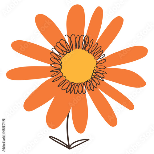 Minimal Orange Flower with Simple Brush Line Decorations. Colorful plant with cute line sketches of branches isolated on white background. Nature herb perfect for invitations, cards, posters, holidays