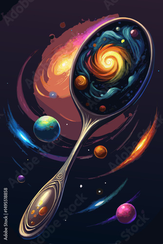 A cosmic galaxy swirling within a large antique spoon in space