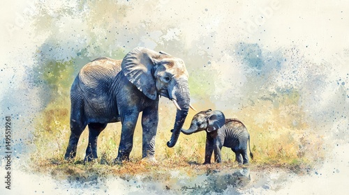 Watercolor painting of a mother and baby elephant