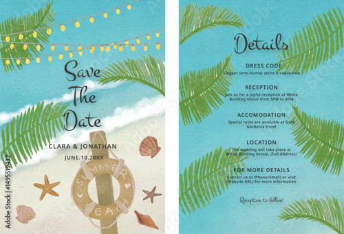 Watercolor seascape beach with blue sky wedding invitation