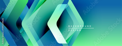 Abstract geometric shapes overlap, creating vibrant blue, green gradient. Modern design suggests technology, innovation, dynamic movement.