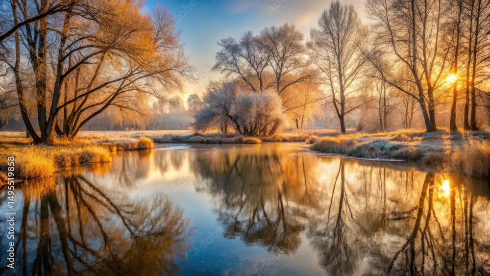 Golden Sunrise Reflecting on a Serene Winter River, Illuminating Frost-Covered Trees and Banks Golden Sunrise Reflecting on a Serene Winter River, Illuminating Frost-Covered Trees and Banks