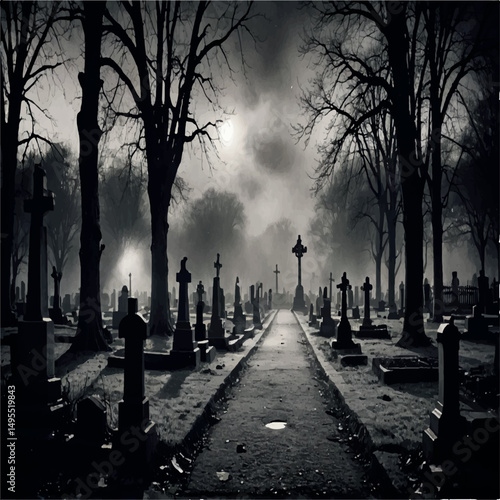A misty graveyard path winds between rows of somber gravestones under bare, dark trees, creating an eerie and atmospheric scene.