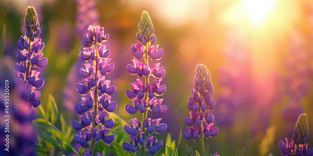 Naklejka premium Vibrant purple lupine flowers blooming in the warm sunlight during spring in a natural landscape