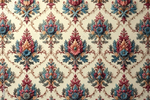 Intricate floral damask pattern in muted tones, elegant, leaf, retro