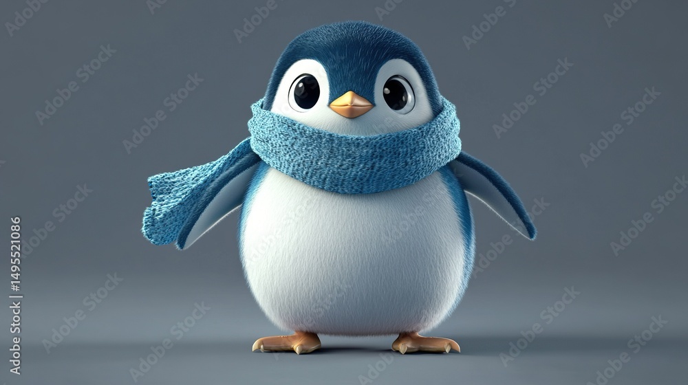 Fototapeta premium A plump, cartoonish penguin with bright blue feathers, oversized feet, and a scarf around its neck that seems to flutter in an invisible breeze.