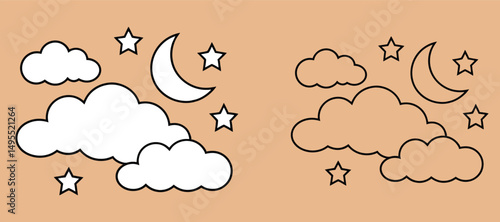 Clouds, stars, and moon in outline — perfect for a coloring book page, line art, or silhouette vector design.
