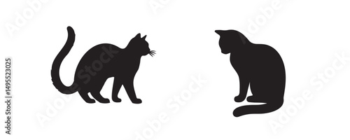 Two black cat silhouettes in different poses on a white background, one standing with tail raised, the other sitting calmly in profile view