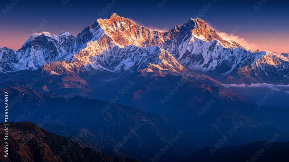 Obraz premium Dramatic aerial view of the Himalayas with ridgelines and deep valleys below, captured at golden hour, no people