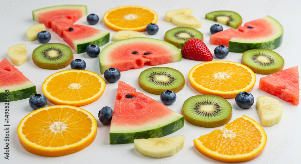 Assorted fresh fruits slices on a white surface Assorted fresh fruits slices on a white surface
