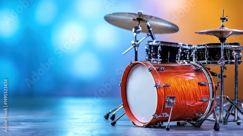 Red Drum Kit on Stage with Blue and Orange Bokeh