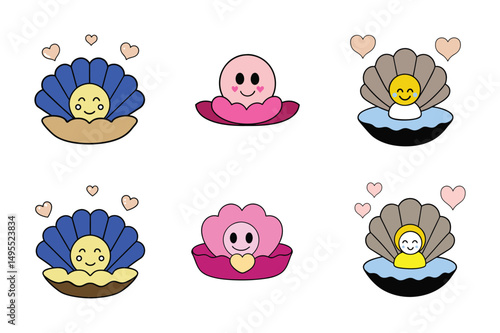 Set of cute smiling pearl in a shell vector illustration on white background.