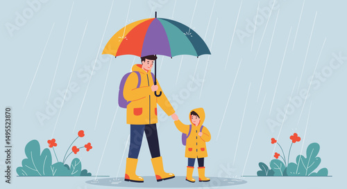 Man and child walking under a colorful umbrella in the rain, ,for manufacturers of children's goods, umbrellas, blogs about parenting, topics of education, roles of fathers 