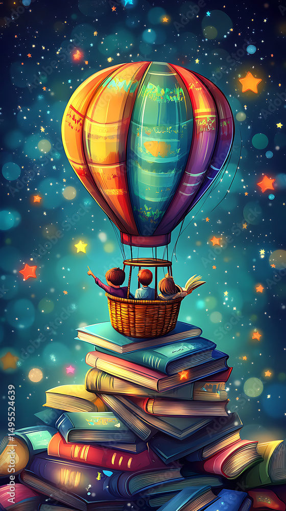 Colorful hot air balloon floating above a stack of books with children enjoying a whimsical journey Colorful hot air balloon floating above a stack of books with children enjoying a whimsical journey