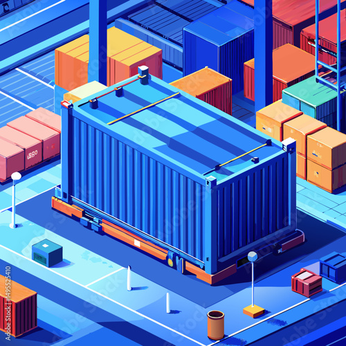 Isometric Illustration of a Cargo Container in a Busy Shipping Port