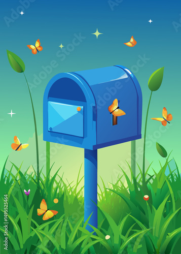 Blue Mailbox in a Lush Green Grassy Meadow with Butterflies