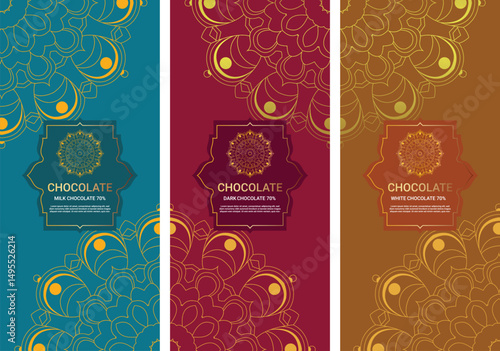 Luxury packaging design of chocolate bars. Vintage vector ornament template. Chocolate bar packaging mock up design set.