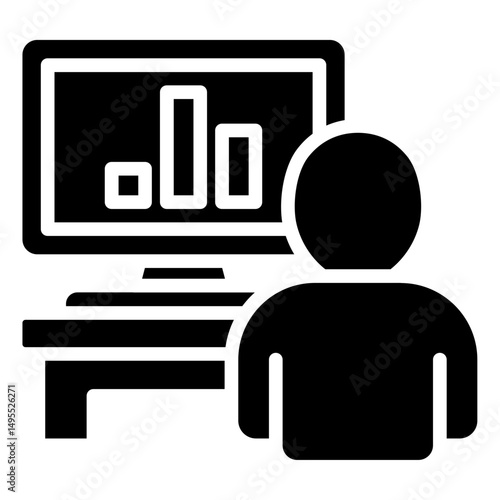 Data Review - Glyph Black Fill Icon Silhouette - Person analyzing data on a screen, illustrating analysis and planning based on performance