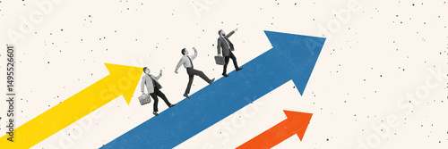 Together Up. Conceptual collage. Group of professionals climbs colorful arrows pointing upward with briefcases and confident steps, aiming for success together. Concept of teamwork, career development