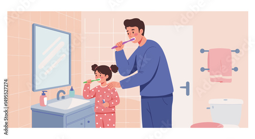 Father and daughter brushing teeth together in pastel bathroom, for blogs about parenting, psychology, father-daughter relationships, about children's hygiene 