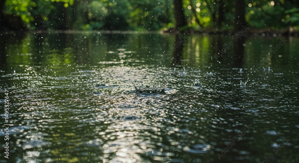 Raindrops on Still Water, Tranquil River Scene Raindrops on Still Water, Tranquil River Scene