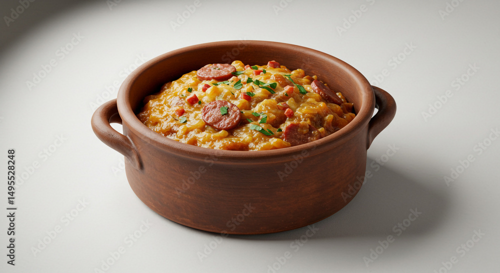 Stew with sausage in a brown ceramic serving bowl Stew with sausage in a brown ceramic serving bowl