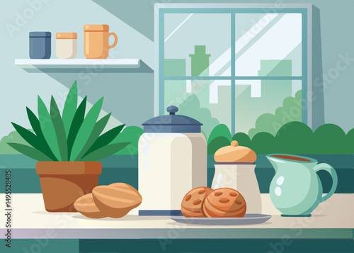 Cozy Kitchen Scene with Cookies Plant and Creamer