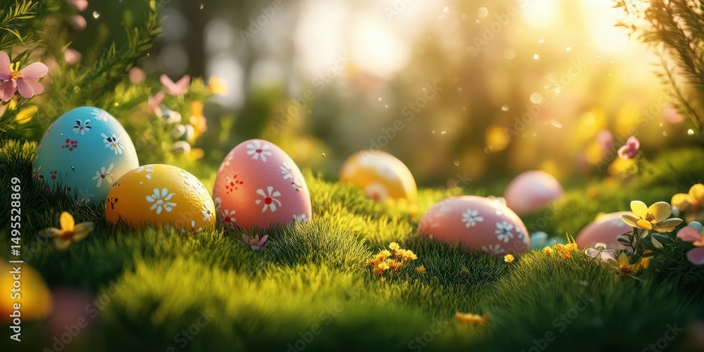 Colorful Easter eggs hidden among blooming flowers during a sunny spring day in a serene garden Colorful Easter eggs hidden among blooming flowers during a sunny spring day in a serene garden