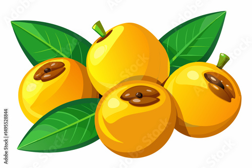 Fresh ripe loquats with green leaves illustration