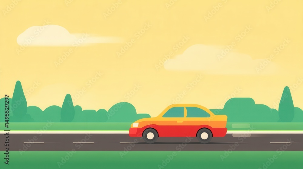 Fototapeta premium Colorful Cartoon Car Driving on a Scenic Road with Blue Sky and Green Trees