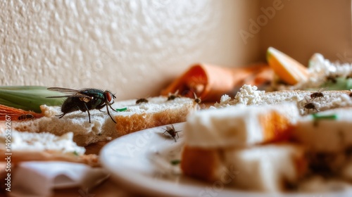 Macro close-up of leftover food with fly on empty plate surrounded by crumbs, cheese, and dirty cutlery on table, illustrating unhygienic conditions, insect contamination, household cleanliness issues