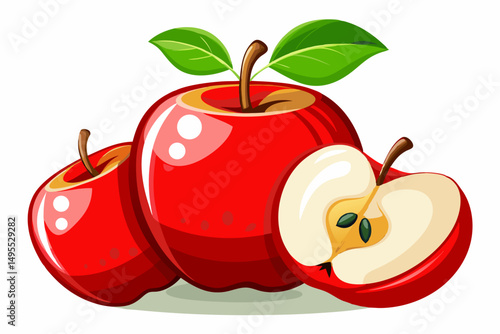 Two whole red apples and one half apple illustration
